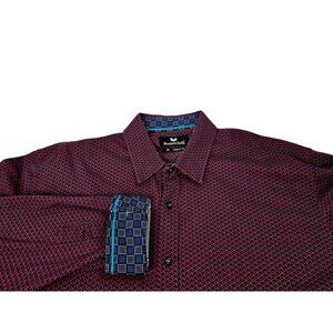Buttercloth Geometric Flip Cuff Button Up Shirt Men's 3XL Regular Fit Red